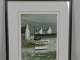 painting of a boat in a body of water with a lighthouse in the background