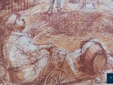 a drawing of a group of people sitting in a field