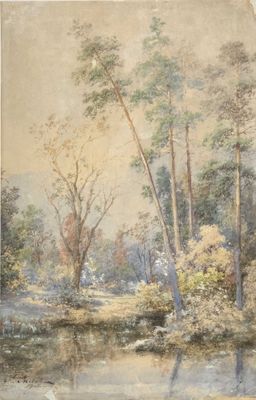 l'image d'une peinture représentant une rivière avec des arbres en arrière-plan