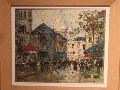 a painting of a city street scene with people walking