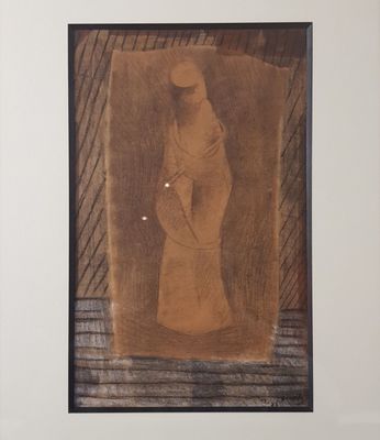 tableau représentant une femme vêtue d'une robe blanche et d'un chapeau marron