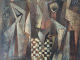 peinture abstraite représentant un échiquier et des pièces d'échecs posés sur une table