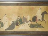 painting of a group of people riding on horses in a field