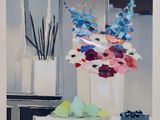 a painting of flowers in a vase on a table