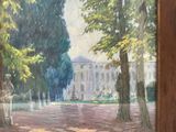 a painting of a man sitting on a bench in front of a building