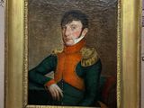 tableau représentant un homme vêtu d'un gilet orange et d'une veste verte