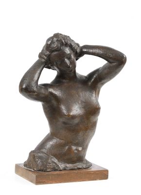bronze statue of a woman with her hands on her head