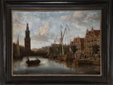 peinture d'une vue d'une ville avec une tour d'horloge en arrière-plan