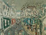 l'image d'une peinture représentant une rue de la ville avec des gens qui y marchent
