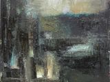 une peinture à l'huile représentant une ville la nuit, avec un lampadaire