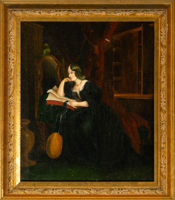 a painting of a woman sitting in a chair reading a book