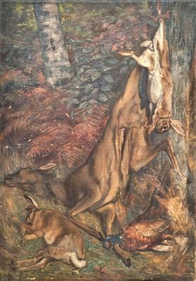 a picture of a painting of a kangaroo and a dog in the woods