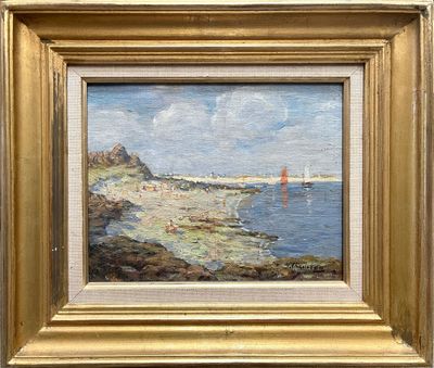 a picture of a painting of a beach scene in a gold frame