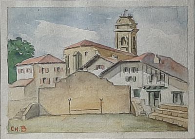 a painting of a building with a clock tower in the background