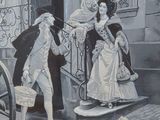a drawing of a man and a woman walking down the street