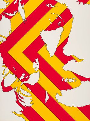 une image représentant une affiche rouge et jaune sur laquelle figure le visage d'un homme