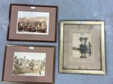 three framed pictures of a river scene with a man on a boat in the water
