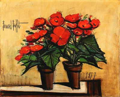 un tableau représentant des fleurs rouges dans un pot posé sur une table