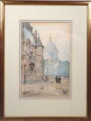painting of a street scene with a horse and carriage in front of a building