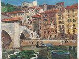 un tableau représentant des bateaux sur l'eau près d'un pont