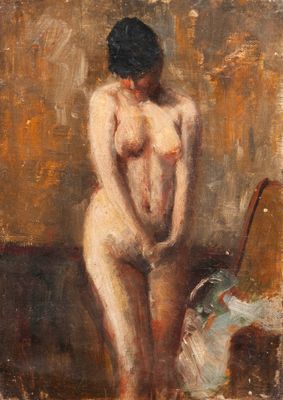 une peinture à l'huile représentant une femme nue debout à côté d'un vase