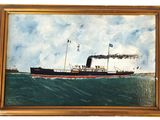 une peinture à l'huile représentant un bateau à vapeur en pleine mer, sur fond blanc