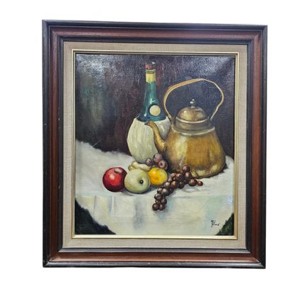 tableau représentant une nature morte avec une bouilloire, des pommes et une bouteille de vin