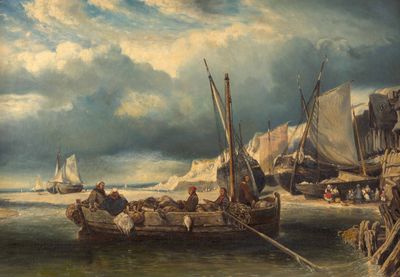 a painting of a boat on the water with people on it