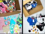 deux photos d'une boîte remplie de vêtements et d'une boîte remplie de sous-vêtements