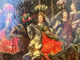 a painting of a woman riding a horse with a man on it