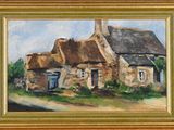an oil painting of a house with a thatched roof in a gold frame
