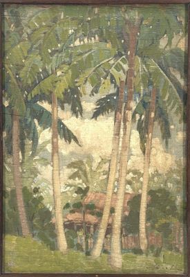 painting of a tropical scene with palm trees and a hut in the distance