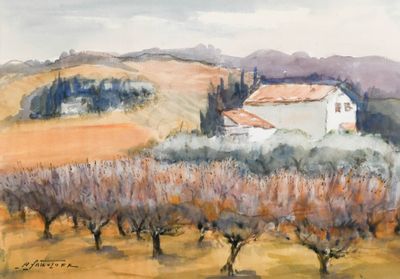 une peinture d'une maison au milieu d'un champ