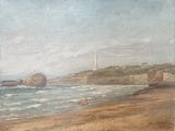 tableau représentant une plage avec un phare au loin et des personnes marchant sur le sable