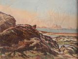 an oil painting of a rocky beach with a lighthouse in the distance