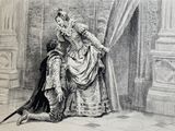 a drawing of a woman sitting in a chair with a dog