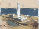 tableau représentant un phare sur une petite île, avec un plan d'eau en arrière-plan