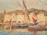une peinture de bateaux dans un port avec des bâtiments à l'arrière-plan