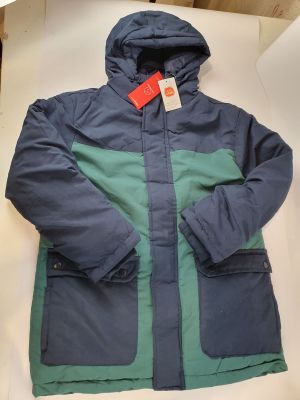 the jacket is blue and green and has a hood on it