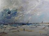 a painting of sailboats in the ocean on a cloudy day