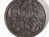 an old bronze plate with a scene of a man and a woman in a garden
