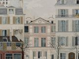 a painting of a street scene with buildings and trees