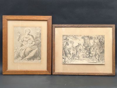 deux dessins encadrés représentant une femme et un homme assis sur un banc
