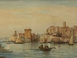 un tableau représentant une ville au bord de l'eau, avec des bateaux