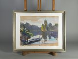 une peinture représentant un bateau sur l'eau, à côté d'un chevalet
