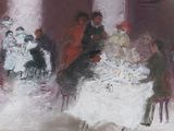 une peinture représentant un groupe de personnes assises autour d'une table
