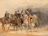 painting of a group of men riding on horses in a field