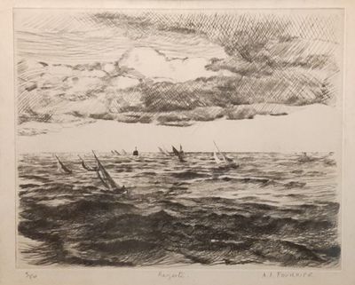 drawing of a group of sailboats in the ocean under a cloudy sky