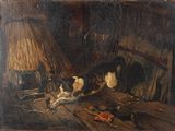 un tableau représentant un chien et un chat dans une pièce