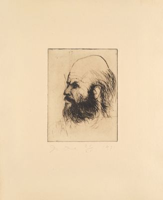 drawing of a man with a beard and a moustache in a black and white frame
